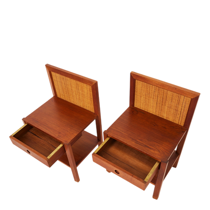 Pair 1960s Danish Design : teakwood & woven hemp bedside tables