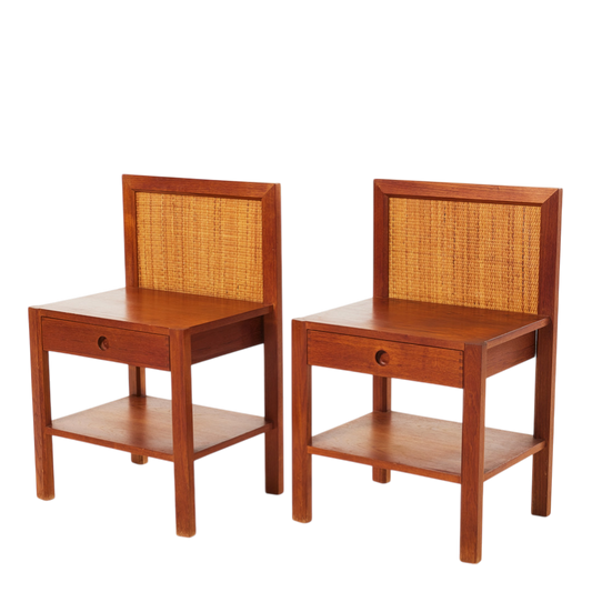 Pair 1960s Danish Design : teakwood & woven hemp bedside tables