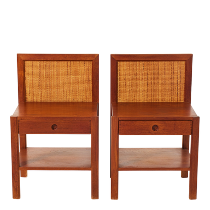 Pair 1960s Danish Design : teakwood & woven hemp bedside tables