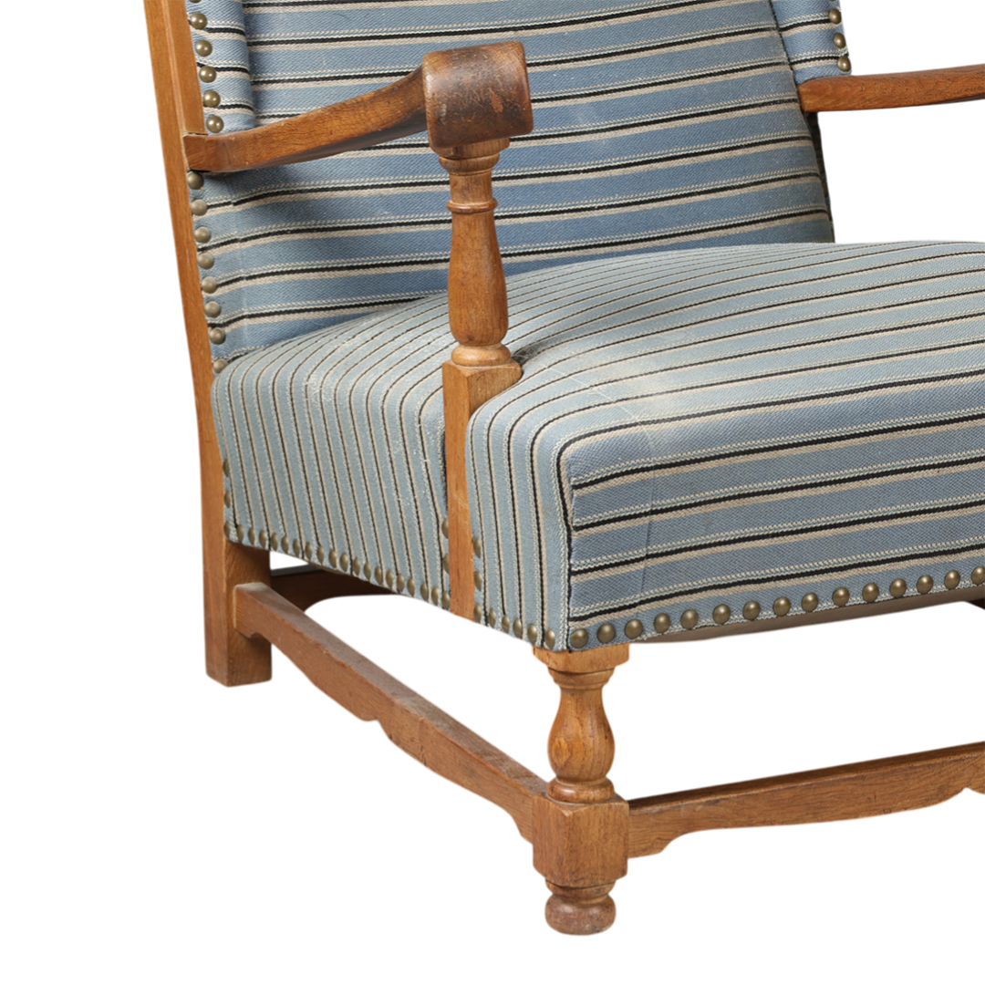 1940s Danish : solid oakwood tall wingback armchairs w/striped fabric