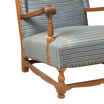 1940s Danish : solid oakwood tall wingback armchairs w/striped fabric