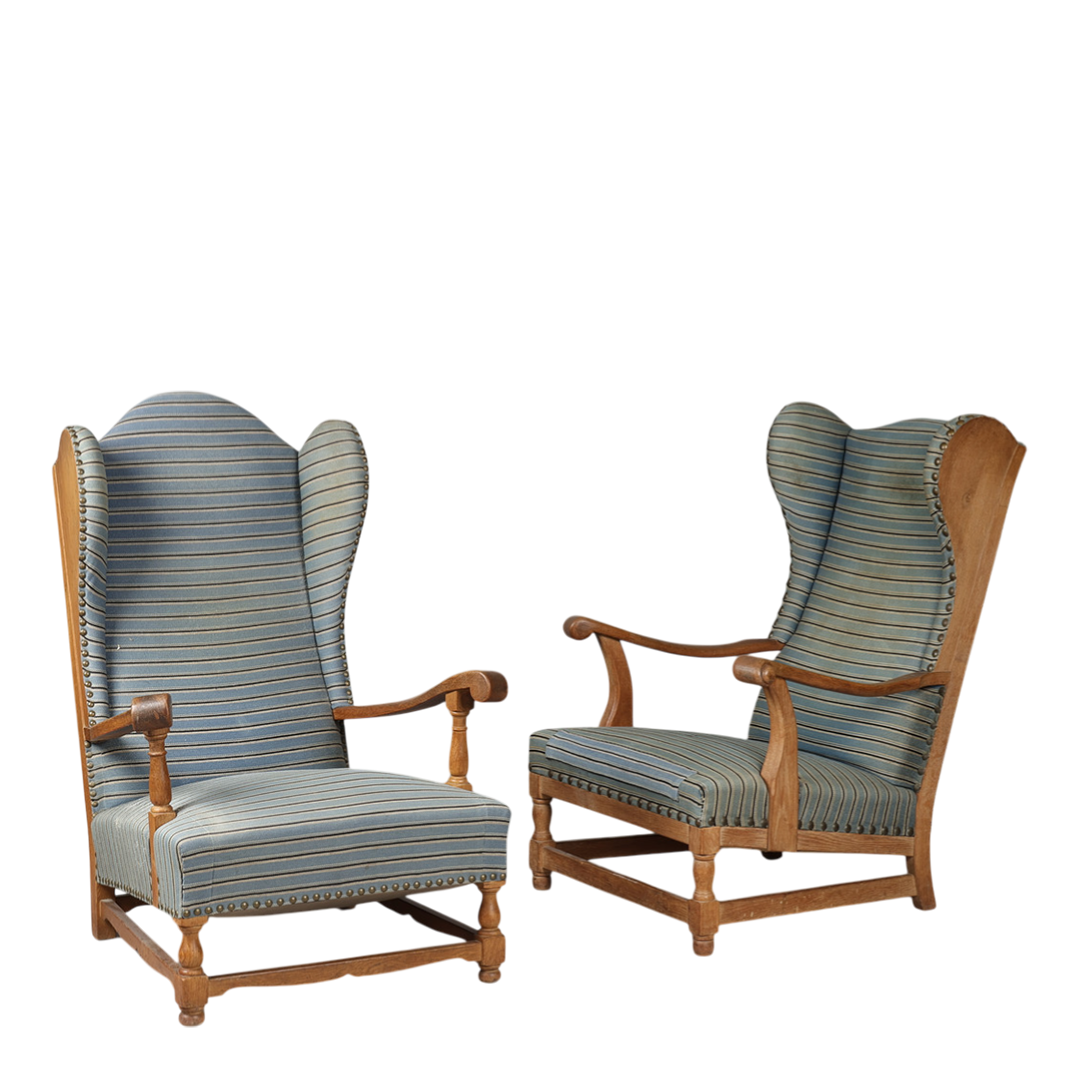 1940s Danish : solid oakwood tall wingback armchairs w/striped fabric