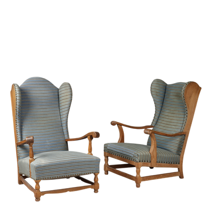 1940s Danish : solid oakwood tall wingback armchairs w/striped fabric