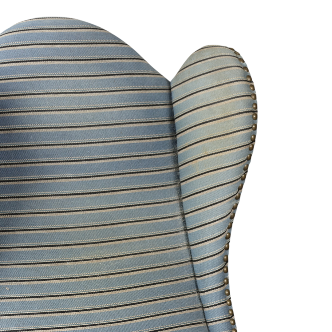 1940s Danish : solid oakwood tall wingback armchairs w/striped fabric