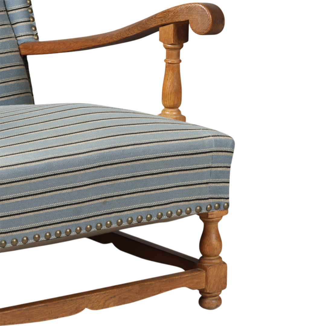 1940s Danish : solid oakwood tall wingback armchairs w/striped fabric