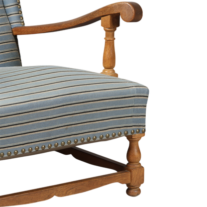 1940s Danish : solid oakwood tall wingback armchairs w/striped fabric
