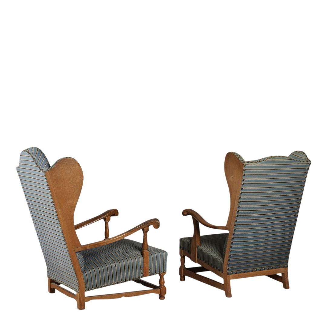 1940s Danish : solid oakwood tall wingback armchairs w/striped fabric