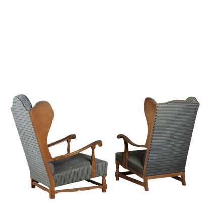 1940s Danish : solid oakwood tall wingback armchairs w/striped fabric