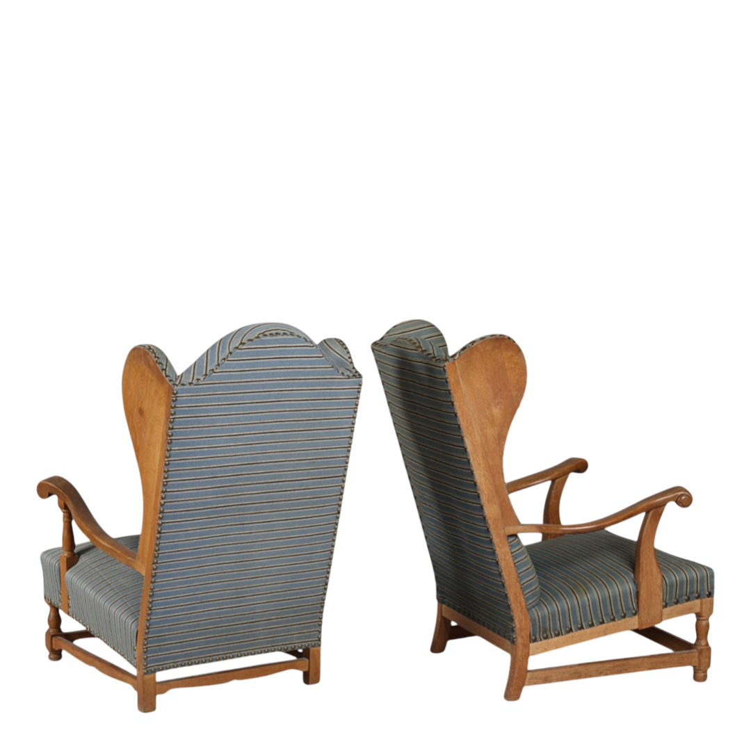 1940s Danish : solid oakwood tall wingback armchairs w/striped fabric