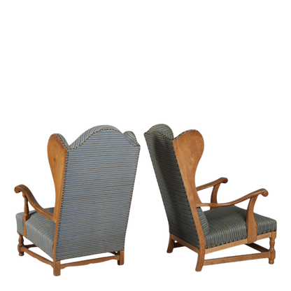 1940s Danish : solid oakwood tall wingback armchairs w/striped fabric