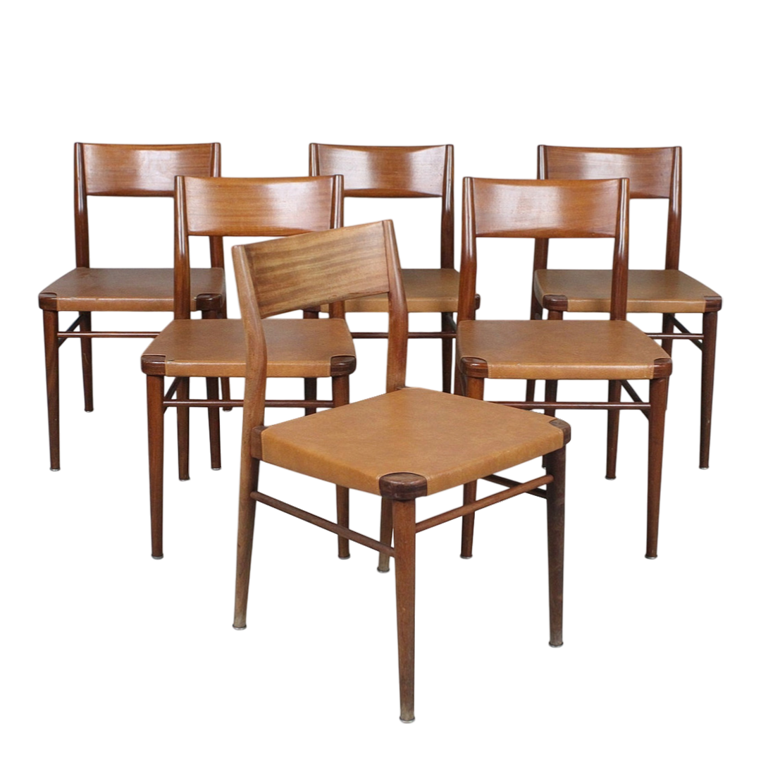 1960s Georg Leowald : set six teakwood & leatherette dining chairs