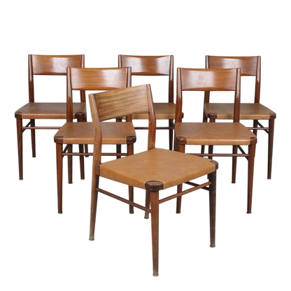 1960s Georg Leowald : set six teakwood & leatherette dining chairs