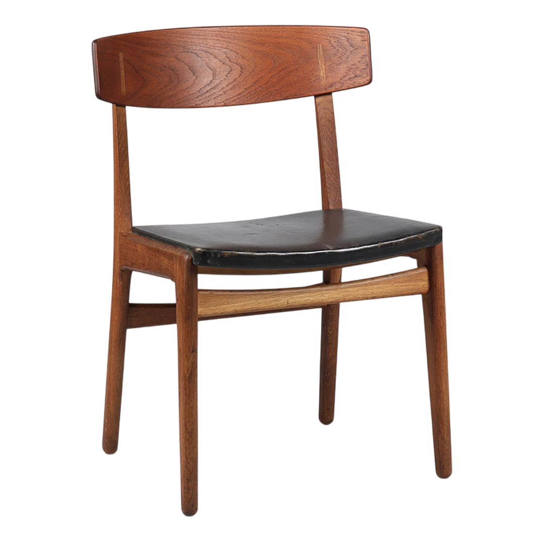 1960s Danish : oak & teak dining chair with black leather seat