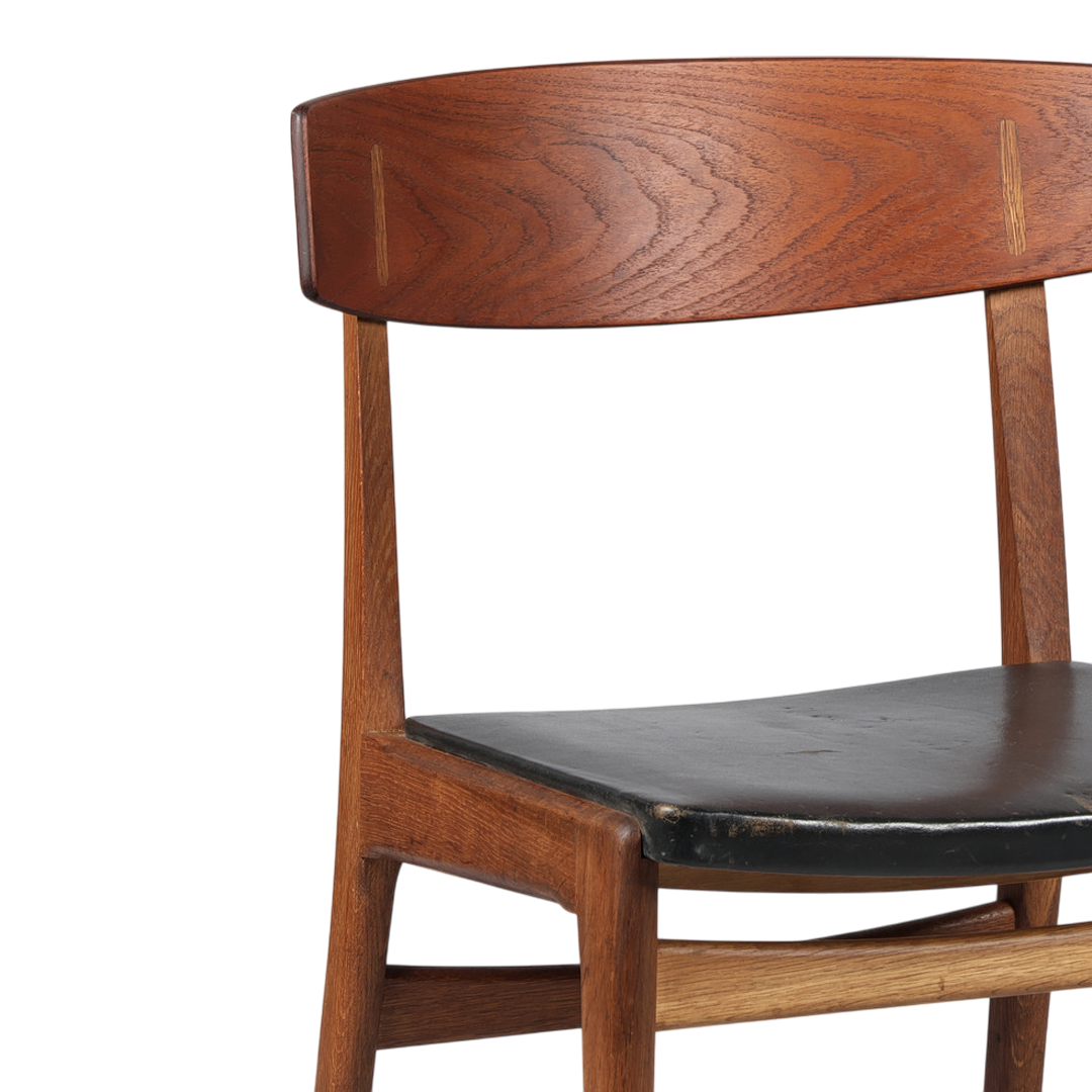 1960s Danish : oak & teak dining chair with black leather seat