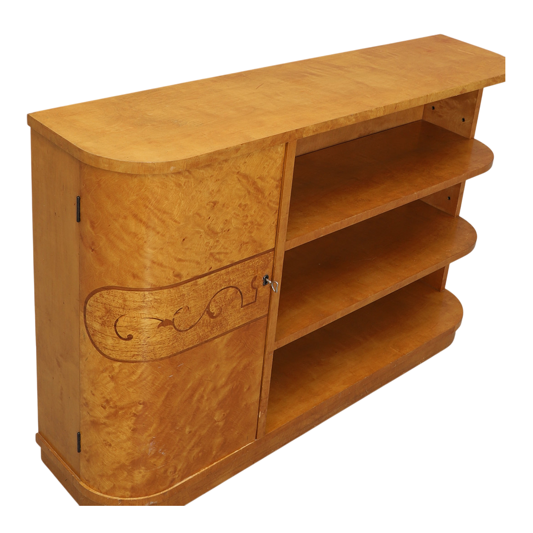 1930s Swedish : flame birch bookcase w/curved cabinet