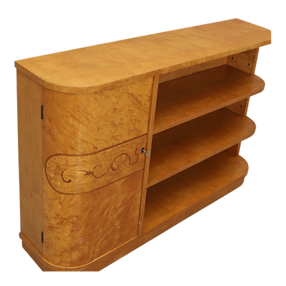 1930s Swedish : flame birch bookcase w/curved cabinet