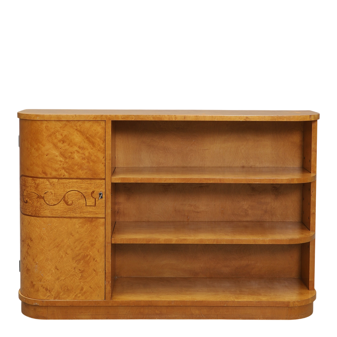 1930s Swedish : flame birch bookcase w/curved cabinet