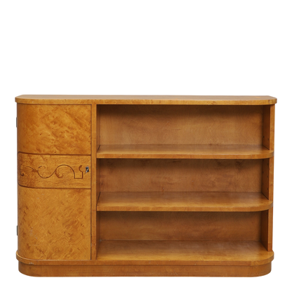 1930s Swedish : flame birch bookcase w/curved cabinet