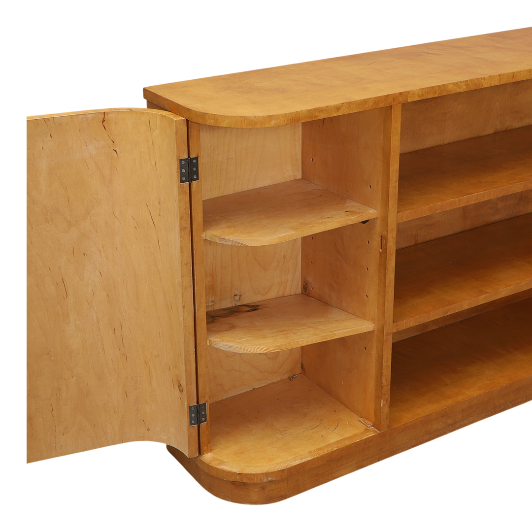 1930s Swedish : flame birch bookcase w/curved cabinet