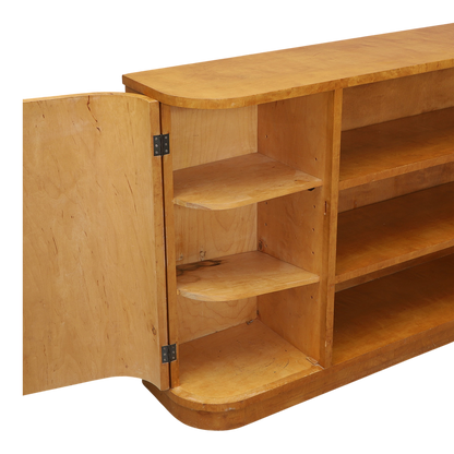 1930s Swedish : flame birch bookcase w/curved cabinet