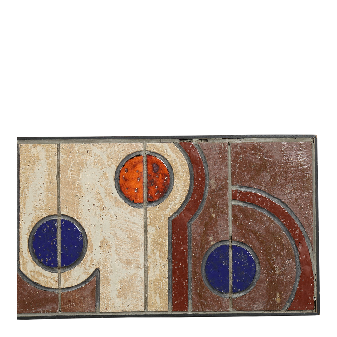1960s Danish : geometric glazed wood mounted ceramic tile 40" wall relief