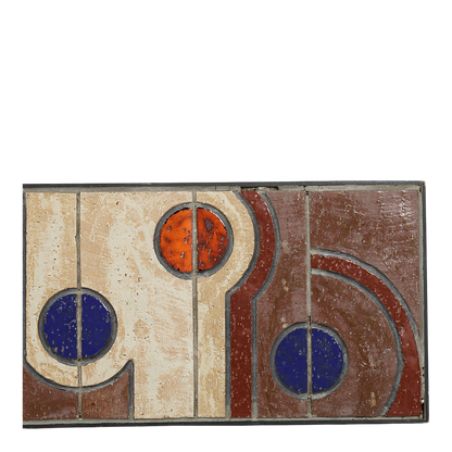 1960s Danish : geometric glazed wood mounted ceramic tile 40" wall relief