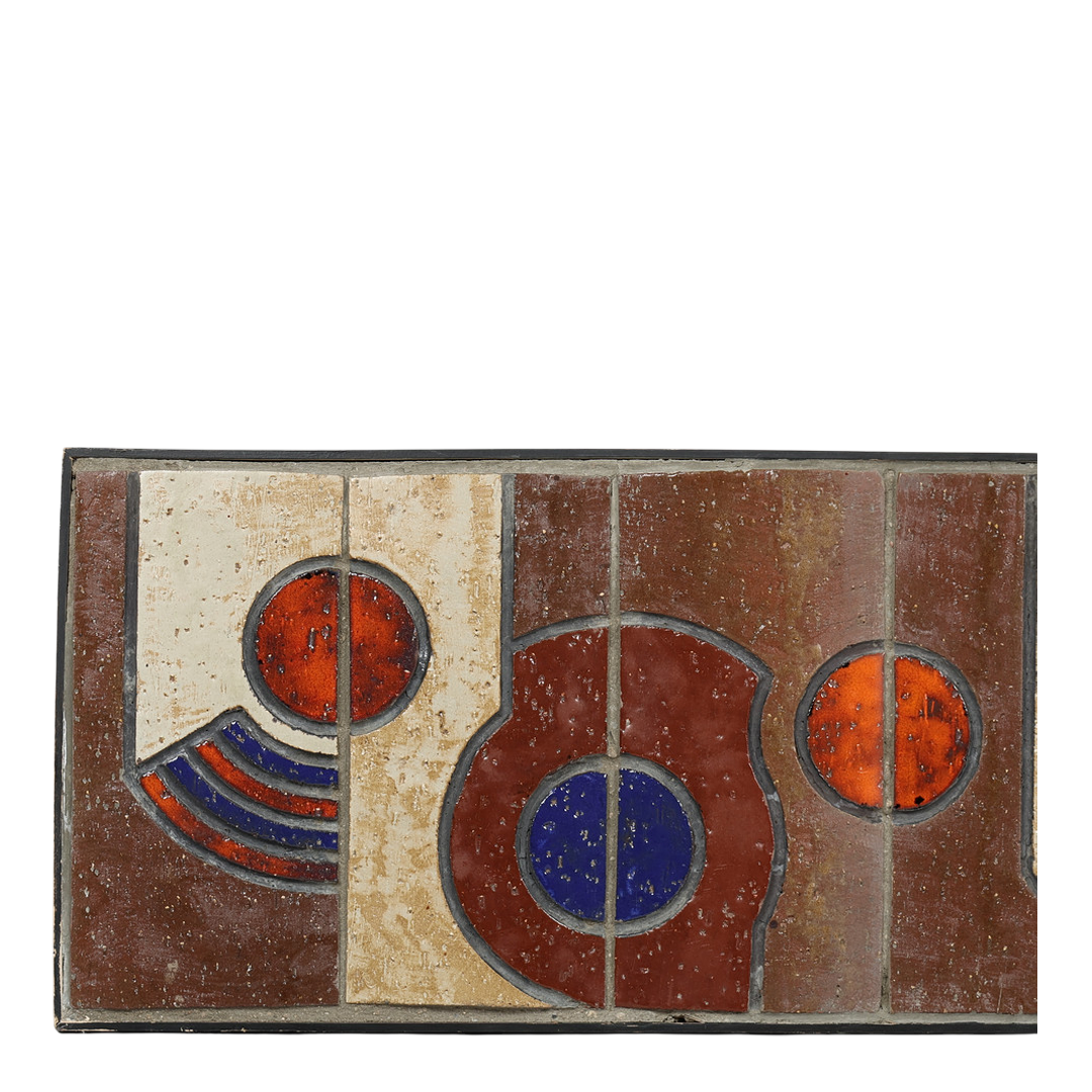 1960s Danish : geometric glazed wood mounted ceramic tile 40" wall relief