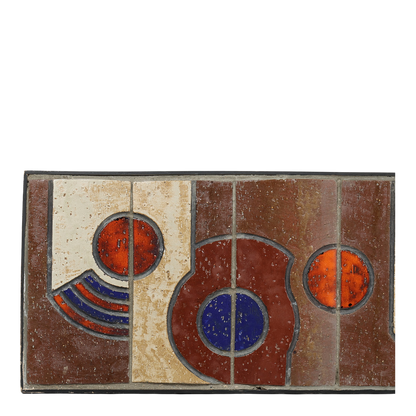 1960s Danish : geometric glazed wood mounted ceramic tile 40" wall relief