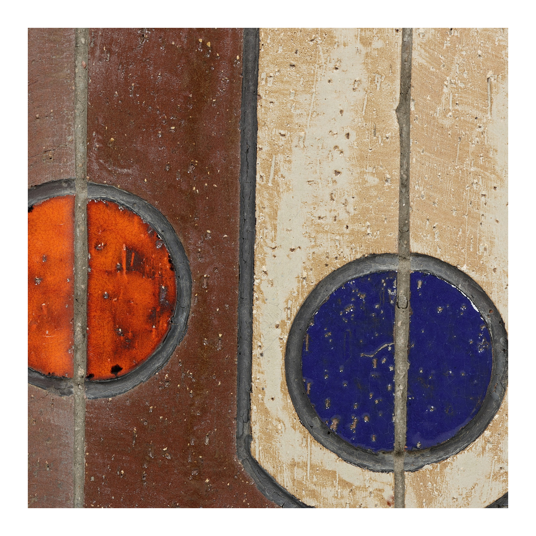 1960s Danish : geometric glazed wood mounted ceramic tile 40" wall relief