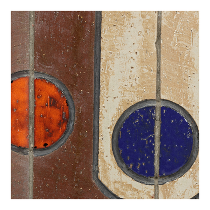 1960s Danish : geometric glazed wood mounted ceramic tile 40" wall relief