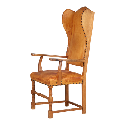 Late 1920s Swedish : 50" tall baroque style armchair w/cognac leather