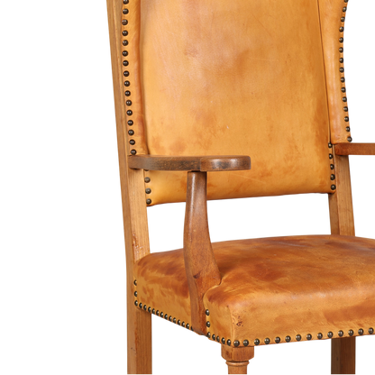 Late 1920s Swedish : 50" tall baroque style armchair w/cognac leather