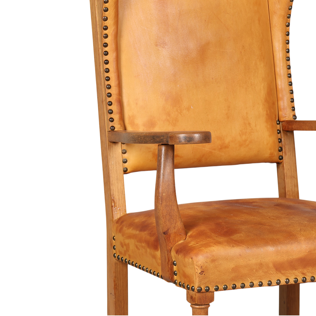 Late 1920s Swedish : 50" tall baroque style armchair w/cognac leather