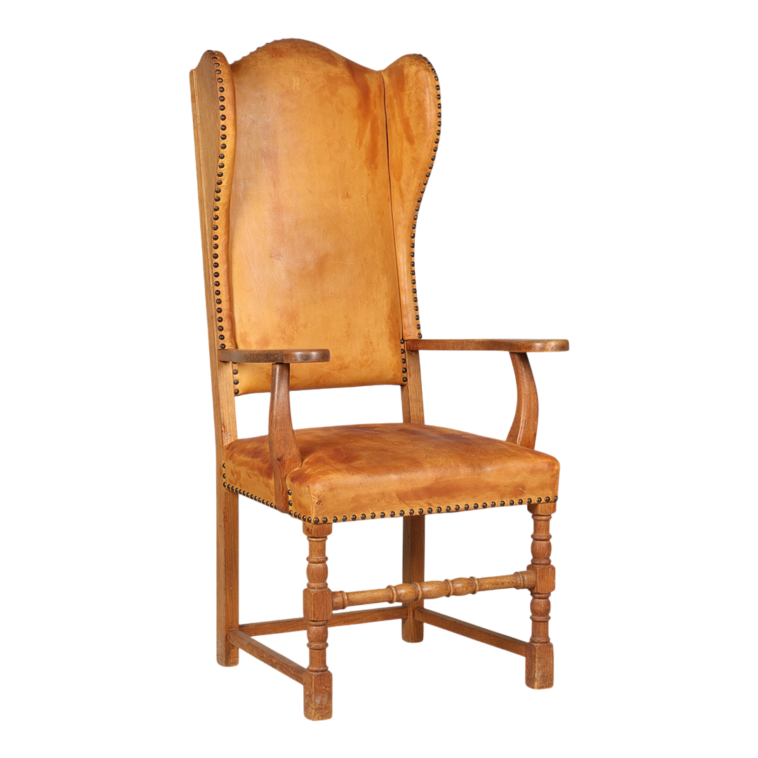 Late 1920s Swedish : 50" tall baroque style armchair w/cognac leather