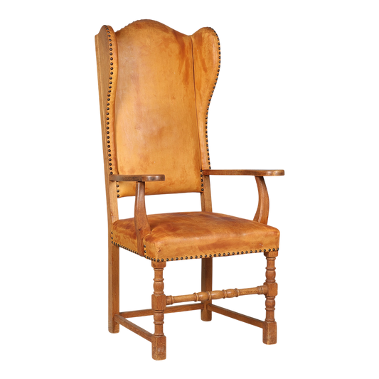 Late 1920s Swedish : 50" tall baroque style armchair w/cognac leather