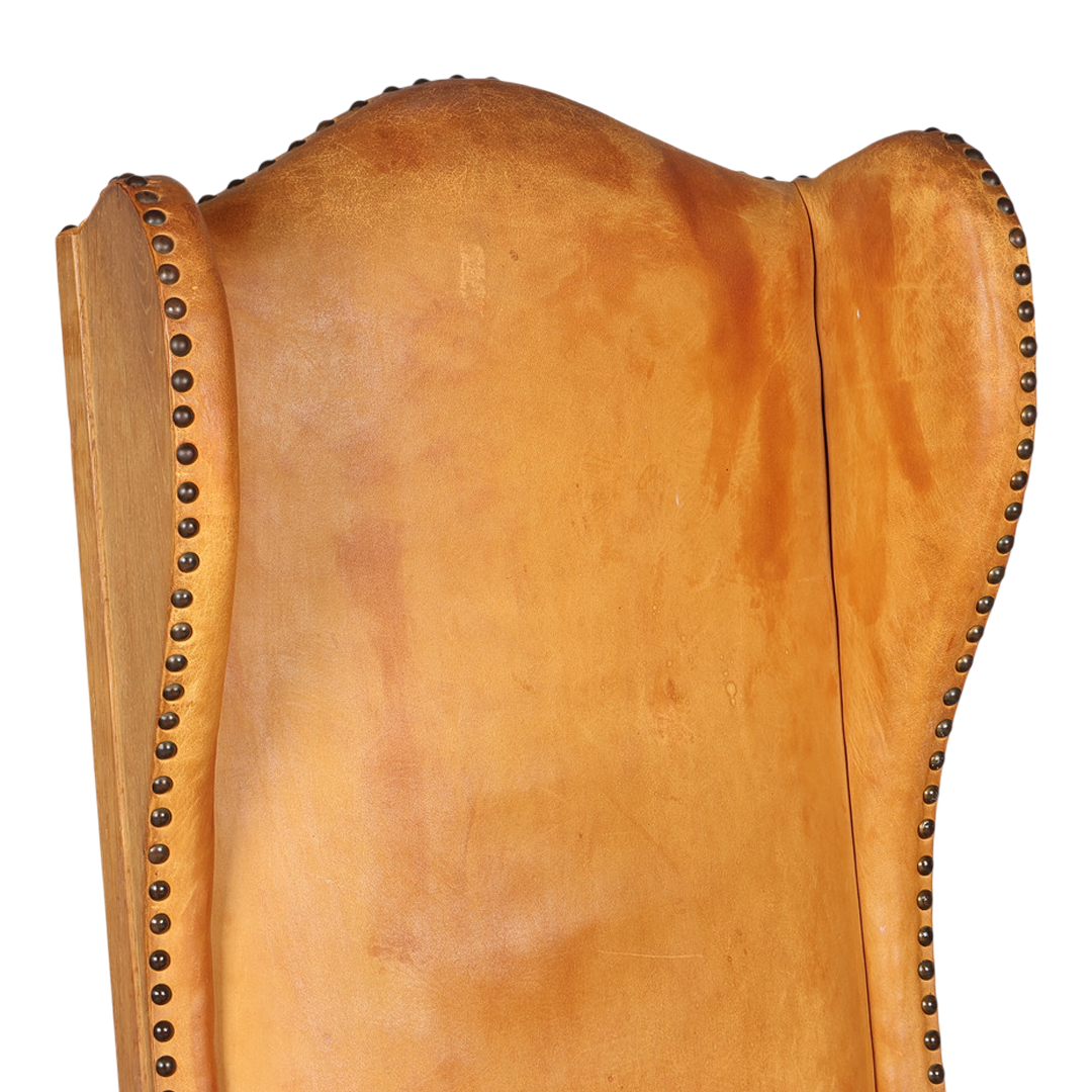 Late 1920s Swedish : 50" tall baroque style armchair w/cognac leather