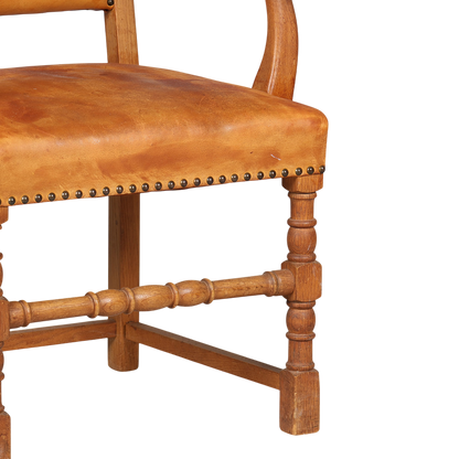 Late 1920s Swedish : 50" tall baroque style armchair w/cognac leather