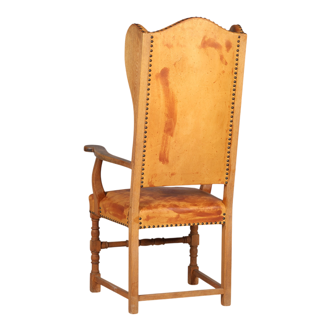 Late 1920s Swedish : 50" tall baroque style armchair w/cognac leather