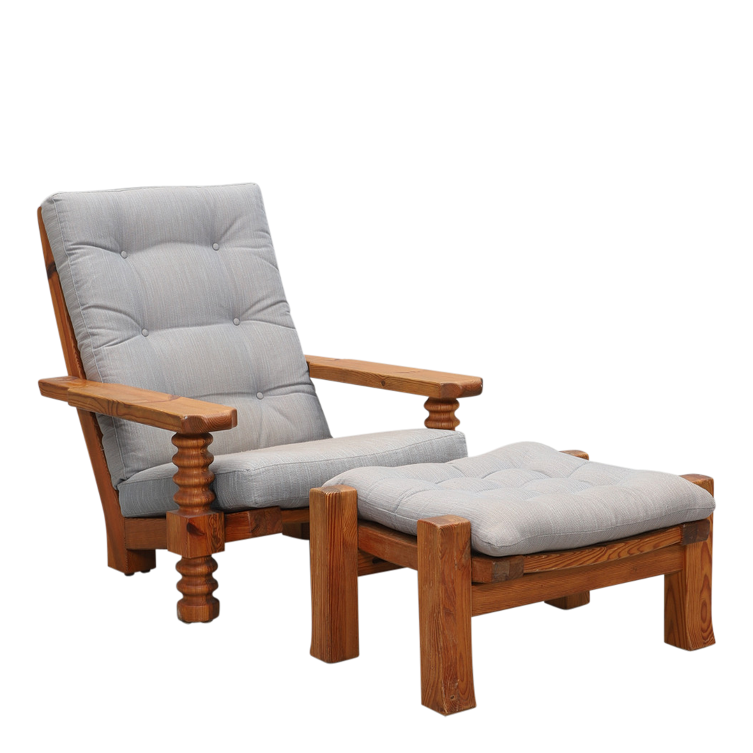 1970s Swedish : solid pinewood "Talja" folk armchair + ottoman
