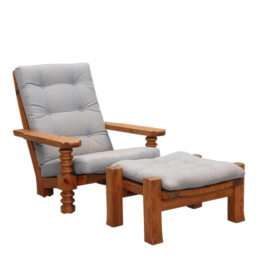 1970s Swedish : solid pinewood "Talja" folk armchair + ottoman