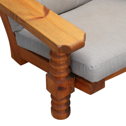 1970s Swedish : solid pinewood "Talja" folk armchair + ottoman