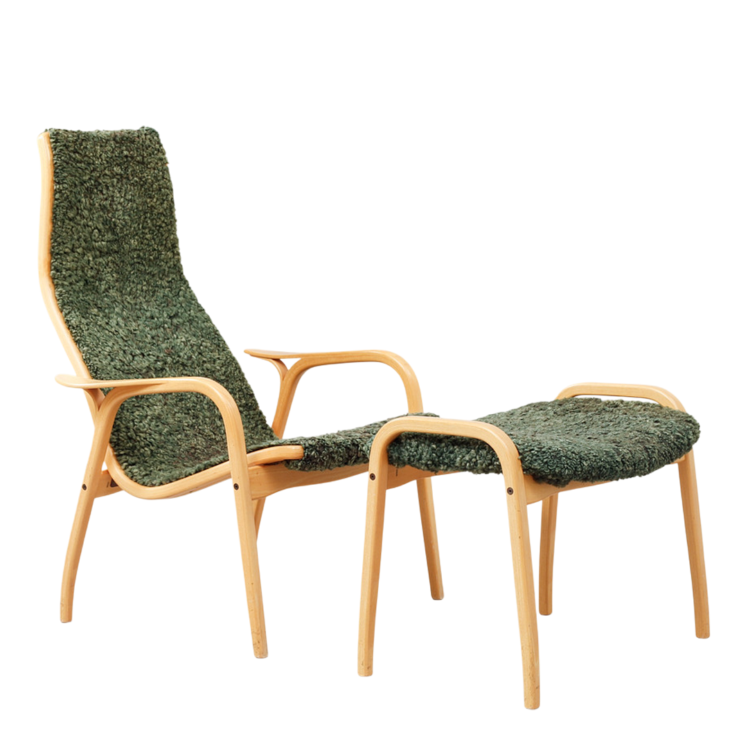1956 Yngve Ekström : classic "Lamino" lounge + ottoman in green sheepskin
