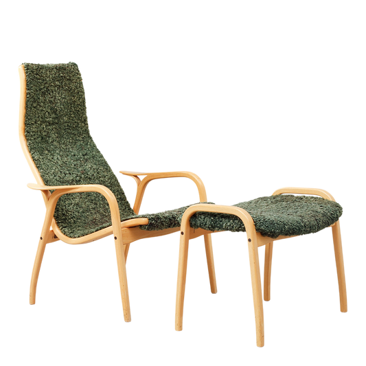 1956 Yngve Ekström : classic "Lamino" lounge + ottoman in green sheepskin