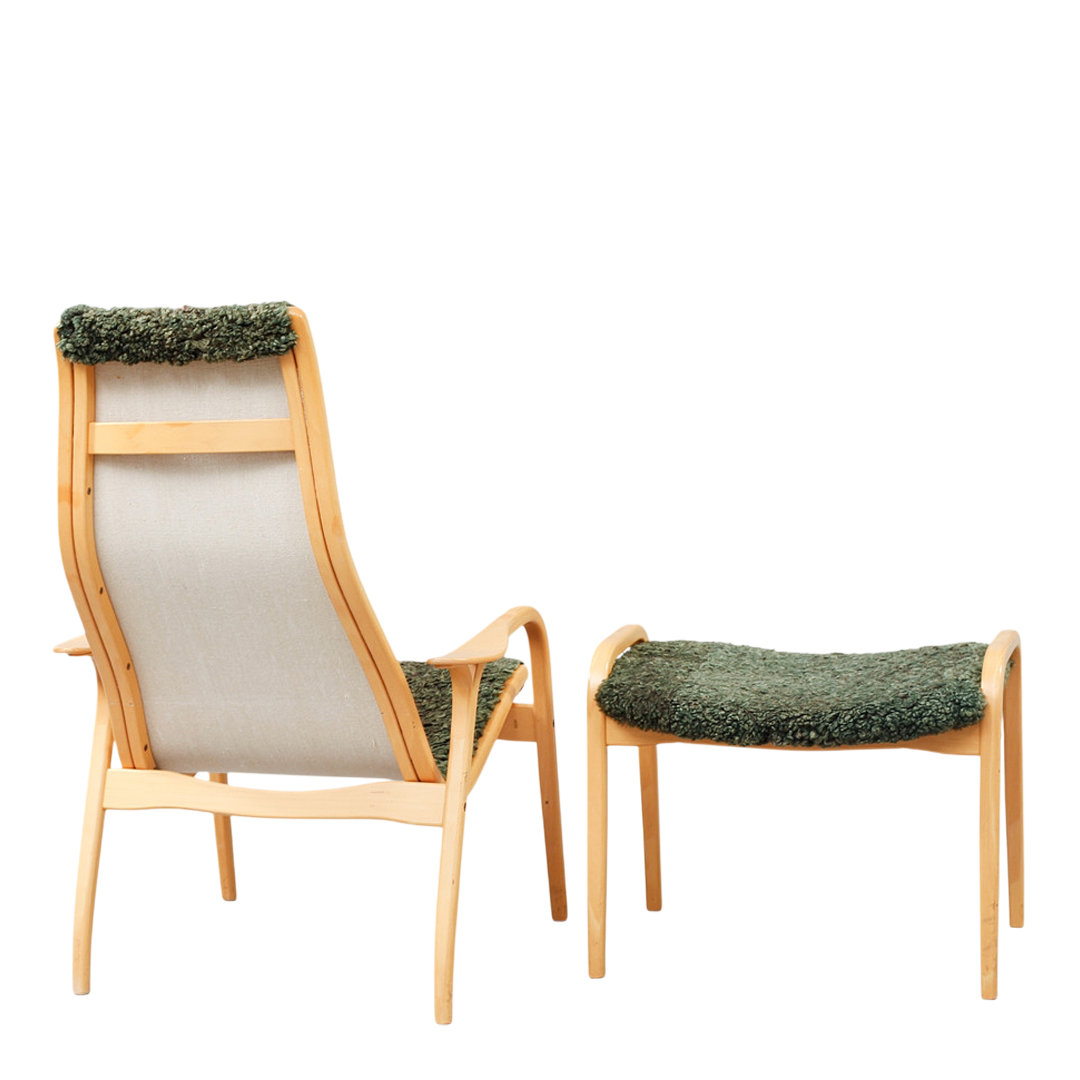 1956 Yngve Ekström : classic "Lamino" lounge + ottoman in green sheepskin