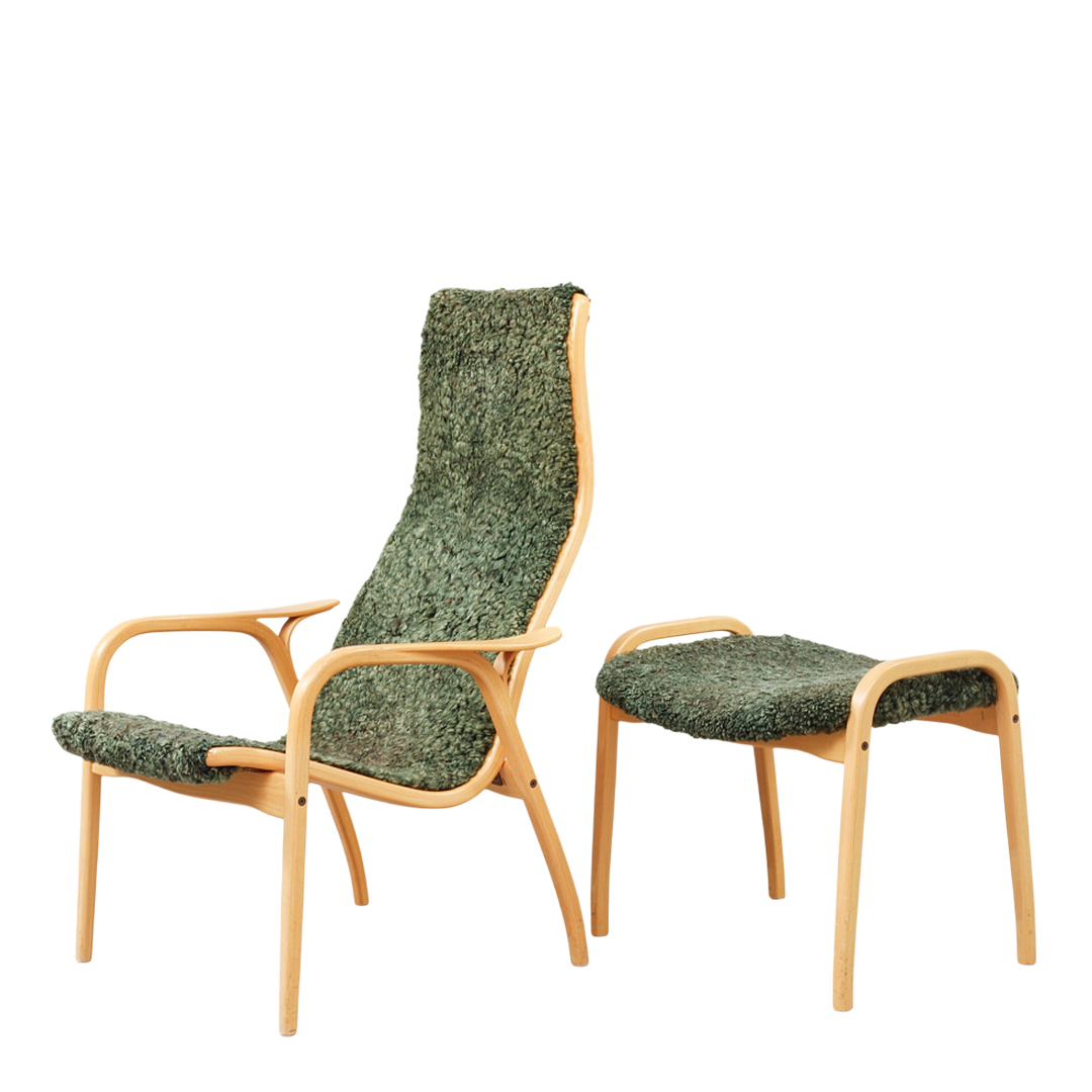 1956 Yngve Ekström : classic "Lamino" lounge + ottoman in green sheepskin