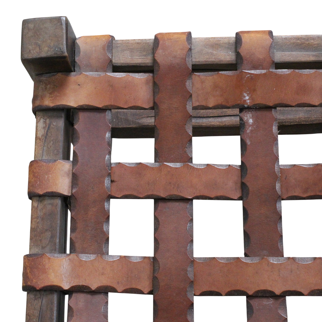 1970s Brazilian : rustic modern leather and carved wood stool