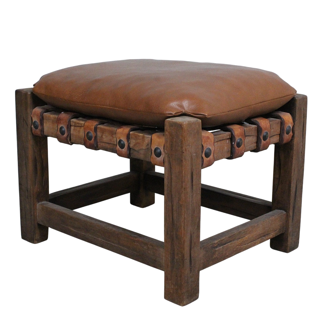 1970s Brazilian : rustic modern leather and carved wood stool