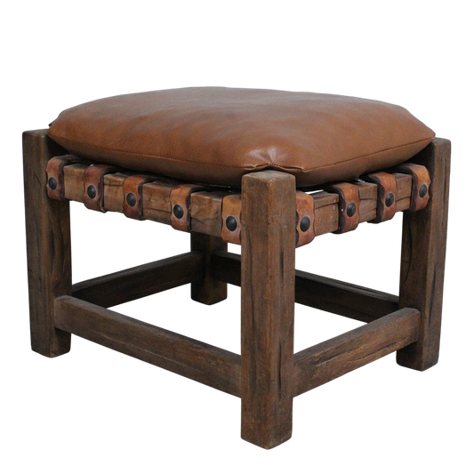 1970s Brazilian : rustic modern leather and carved wood stool