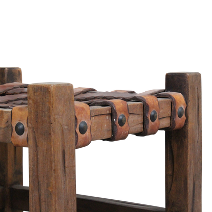 1970s Brazilian : rustic modern leather and carved wood stool
