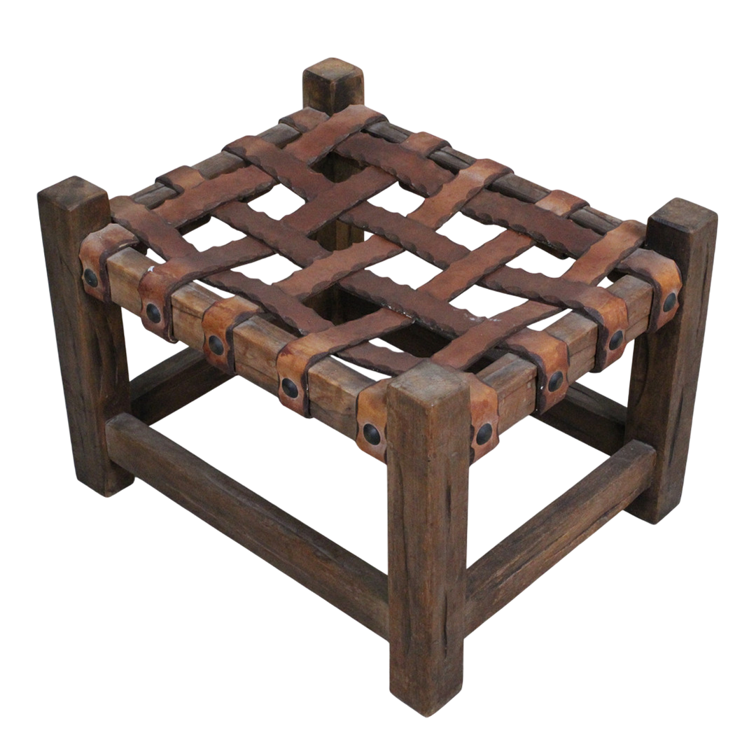 1970s Brazilian : rustic modern leather and carved wood stool